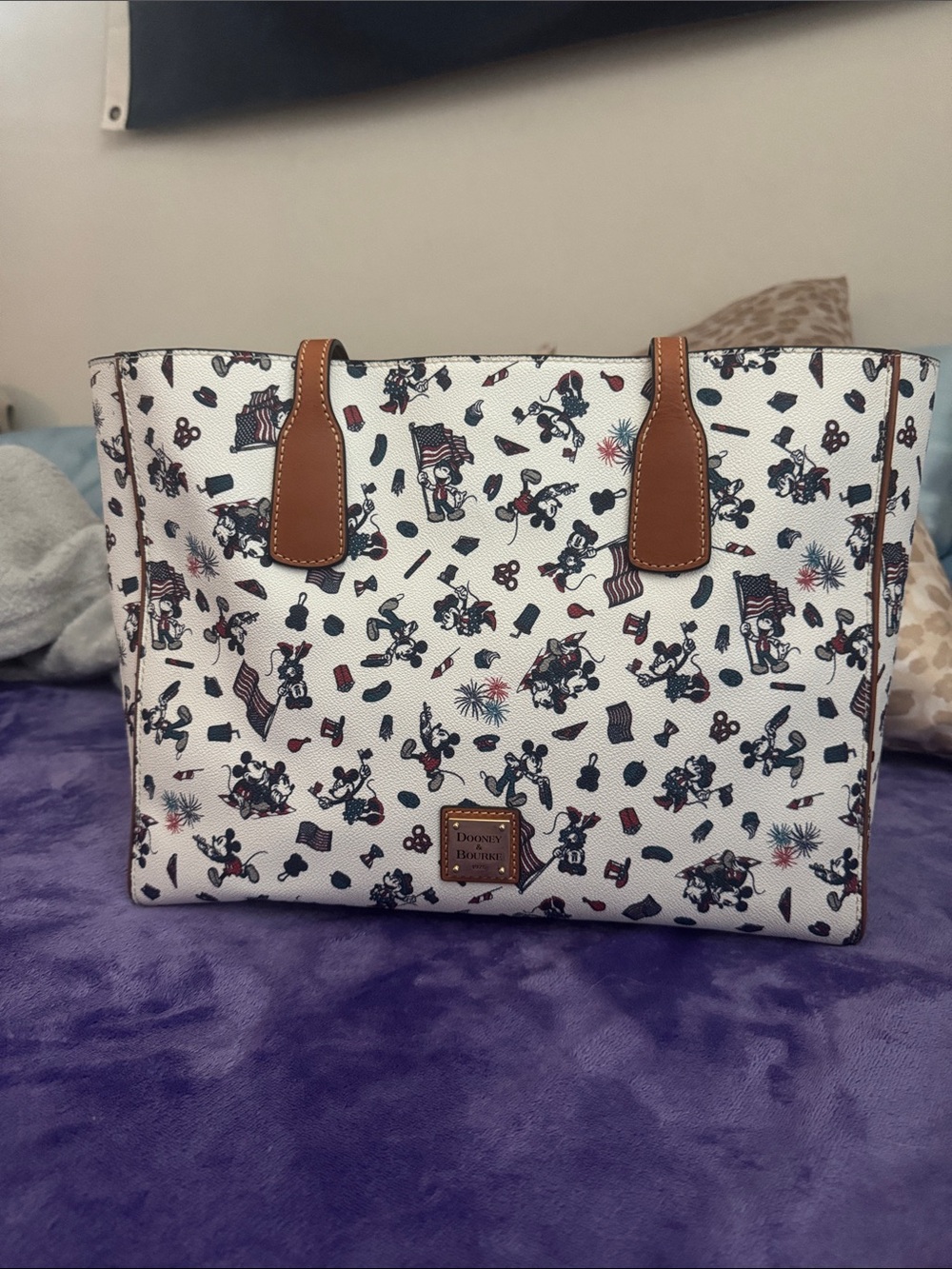 Dooney & Bourke White Tote with Brown Leather Handles and Patriotic Mickey Print